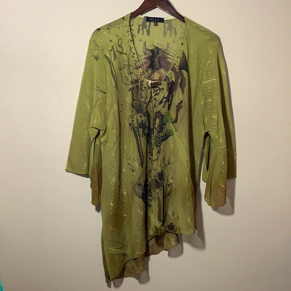 BLUE Asymmetrical lightweight Tunic 3X green gold metallic beaded Boho holiday